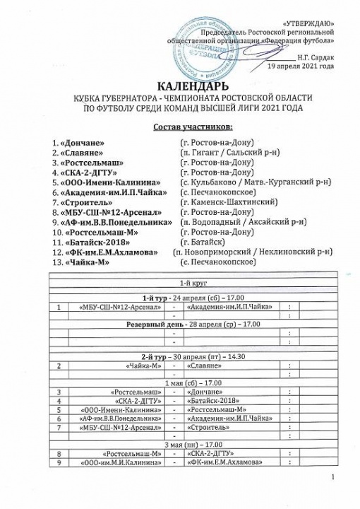 Календарь Кубка губернатора - чемпионата Ростовской области по футболу среди команд Высшей лиги сезона 2021 года